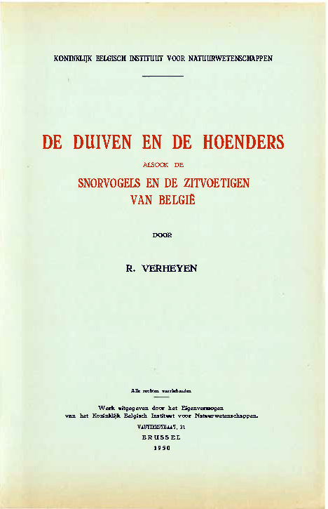 Voorpag De Duiven en de Hoenders alsook de Snorvogels en de zitvoetigen van België R Verheyen 1950.jpg