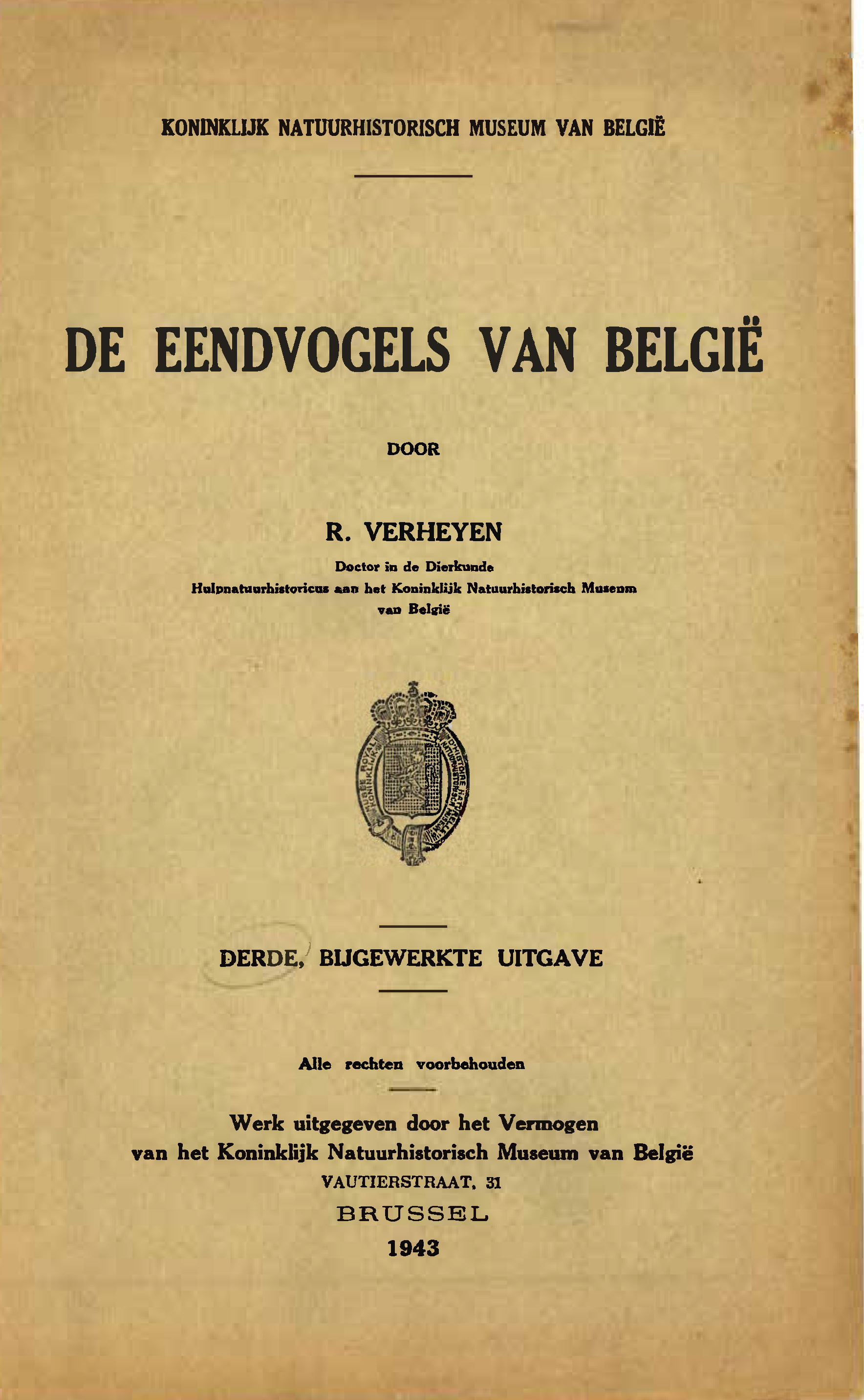Voorpag De Eendvogels van België Derde Bijgewerkte uitgave R. Verheyen 1943.jpg