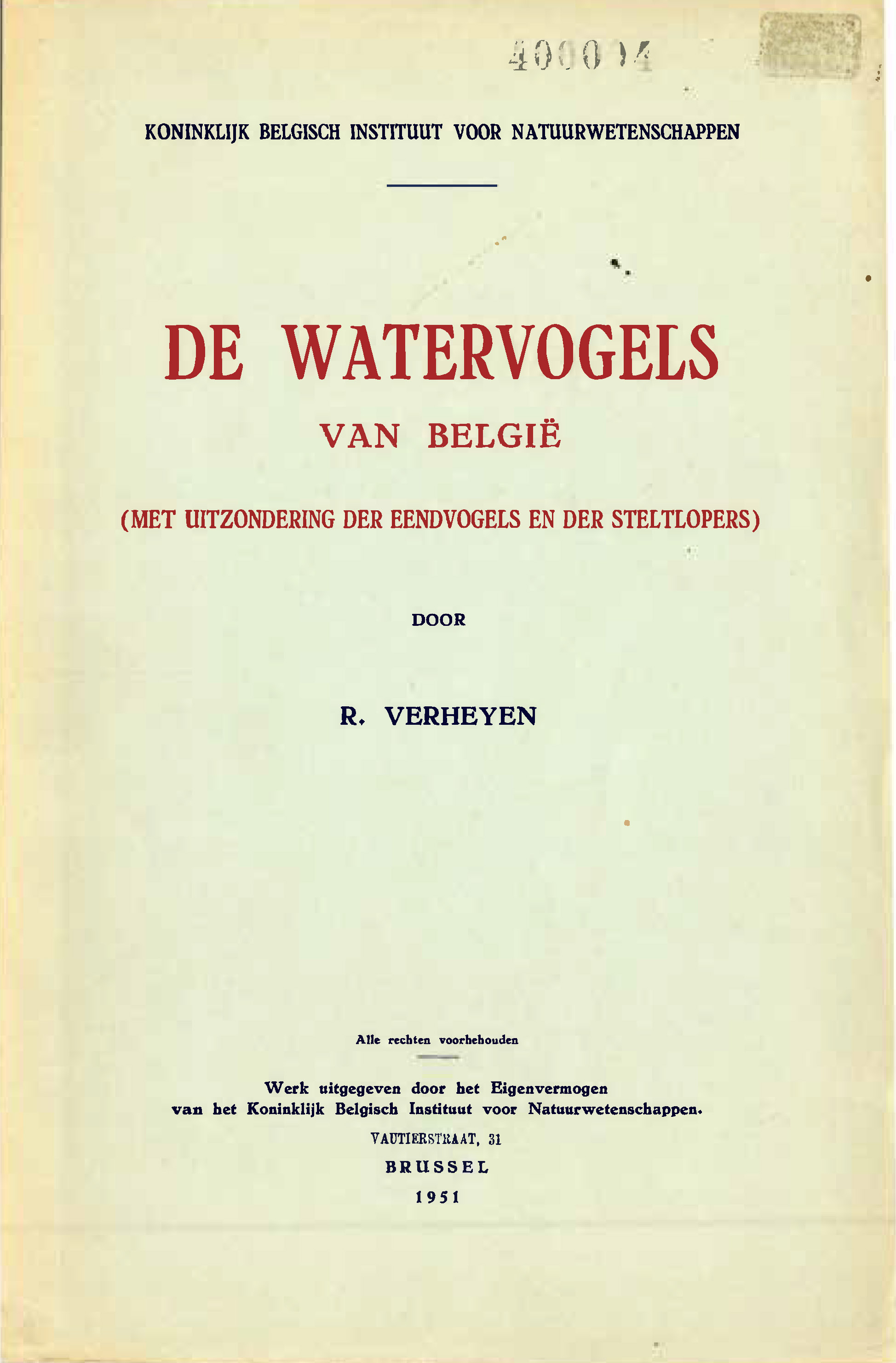 Voorpag De Watervogels van België (met uitzondering der eendvogels en der steltlopers) R. Verheyen 1951.jpg