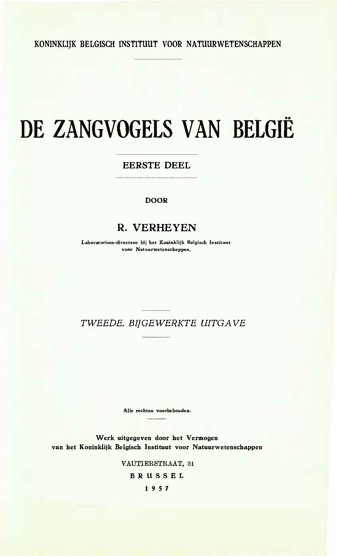 Voorpag De Zangvogels van België eerste deel tweede bijgewerkte uitgave R. Verheyen 1957.jpg