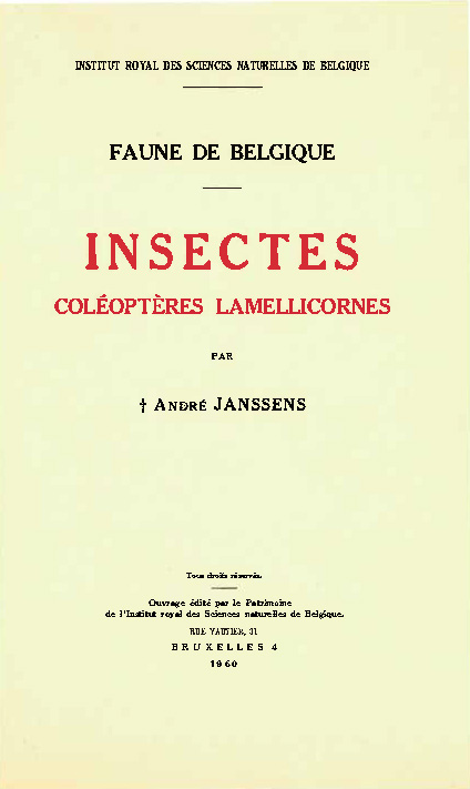 Voorpag Faune de Belgique Insectes Coléoptères Lamellicornes André Janssens 1960.jpg