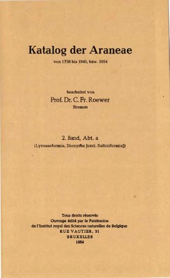 Voorpag Katalog der Araneae von 1758bis 1940 bzw 1954 Dr. C. Fr. Roewer 2 Band Abt a (Lycosaeformia, Dionycha (exl. Salticiformia)) 1954.jpg