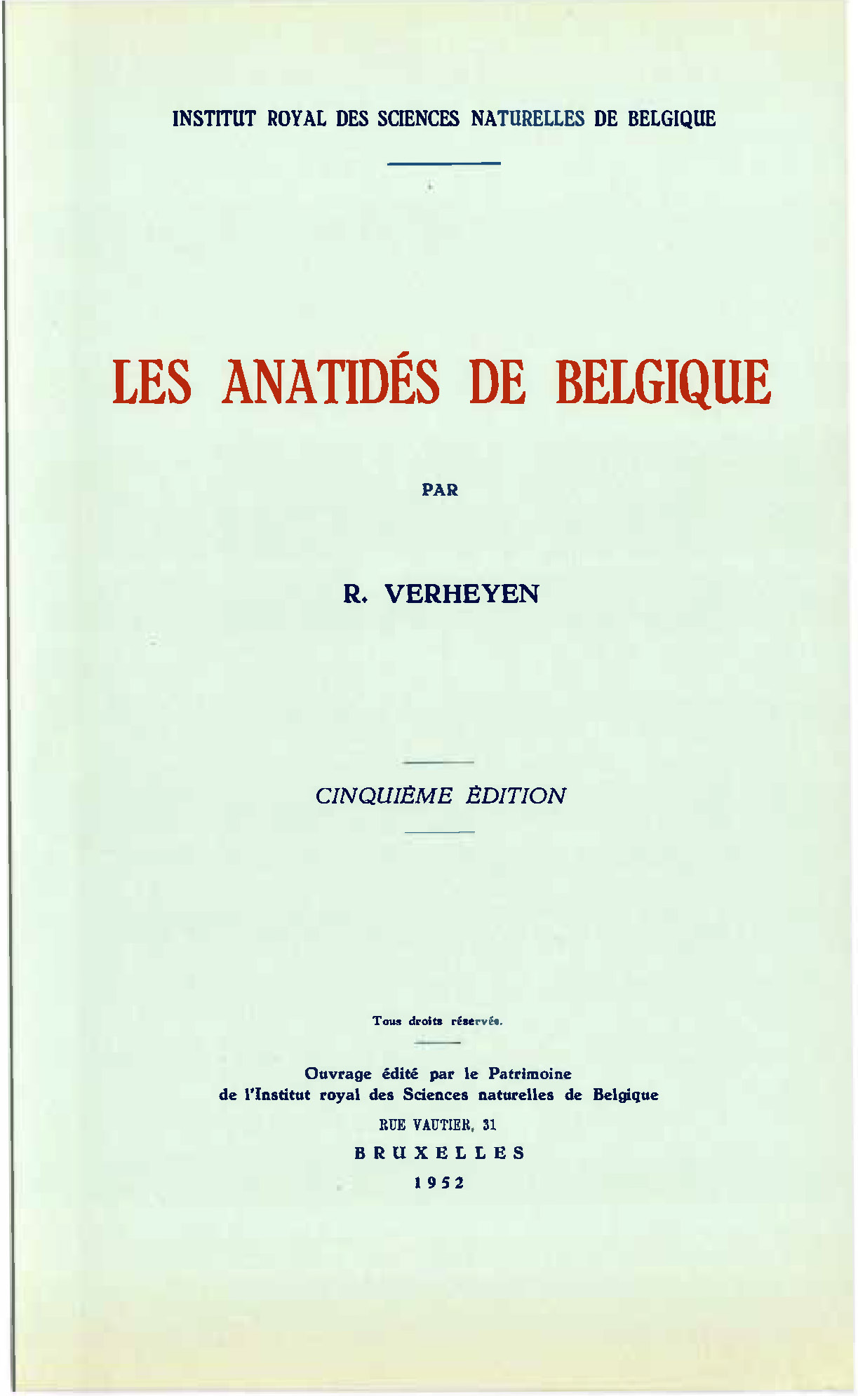 Voorpag Les Anatidés de Belgique Cinquiéme Edition R. Verheyen 1952.jpg