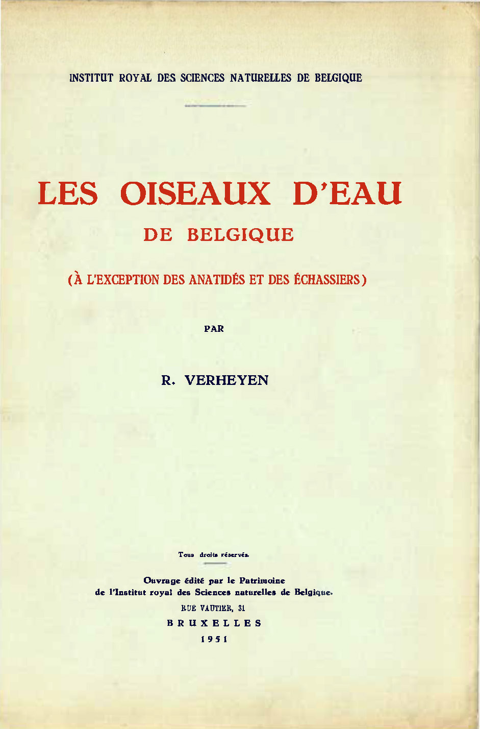 Voorpag Les Oiseaux d'eau de Belgique (à l'exception des anatidés et des échassiers) R. Verheyen 1951.jpg