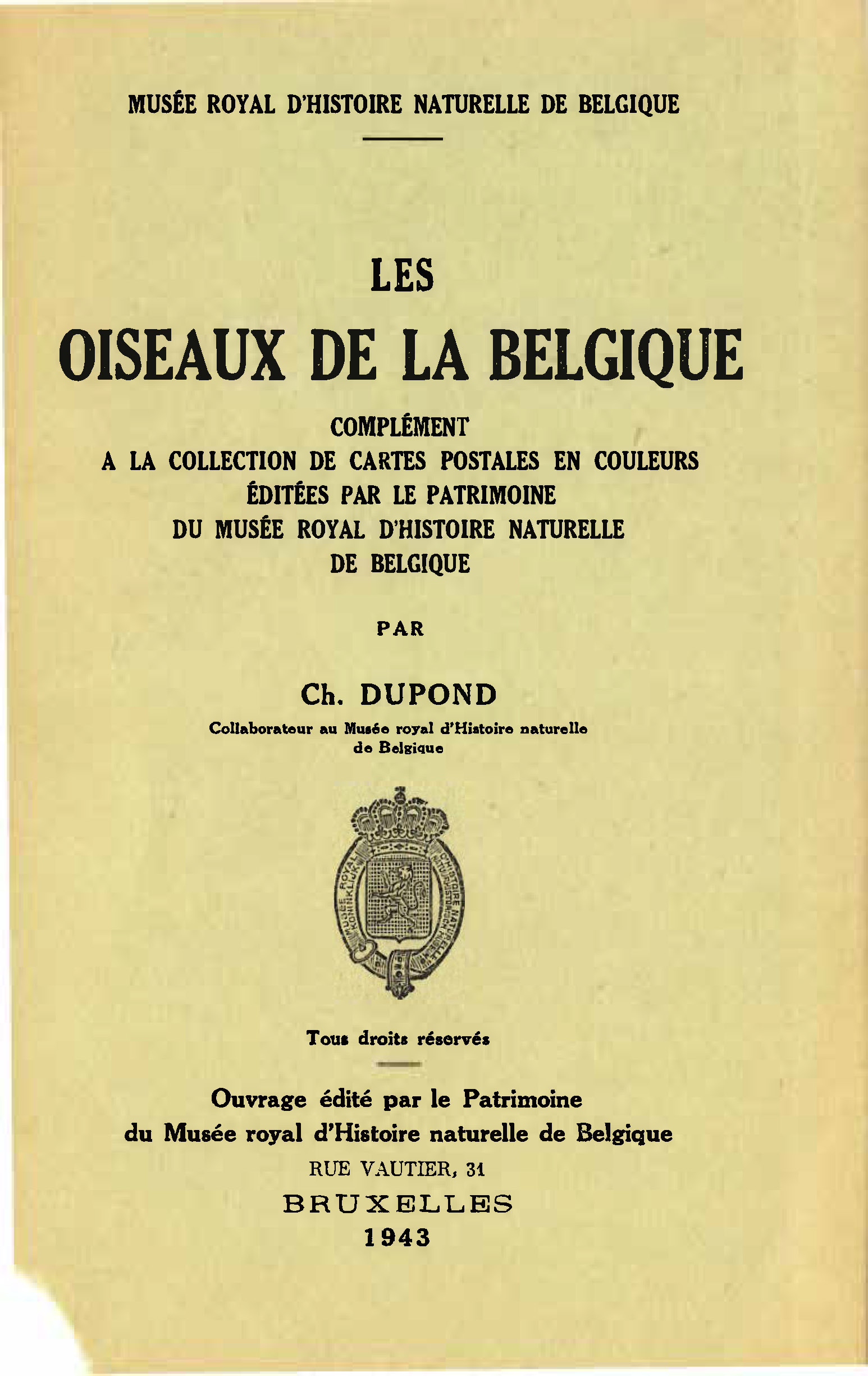 Voorpag Les Oiseaux d'eau de Belgique complement a la collection de cartes postales en couleurs editees par le patrimoine du musee IRSNB Ch. Dupond 1943.jpg