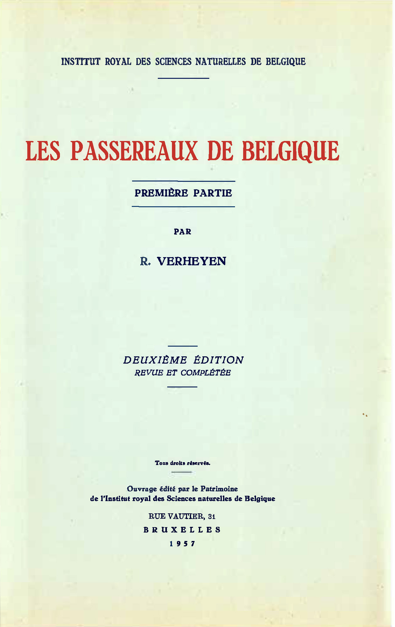 Voorpag Les Passereaux de Belgique Première Partie Deuxiéme édition revue et complétée R. Verheyen 1957.jpg
