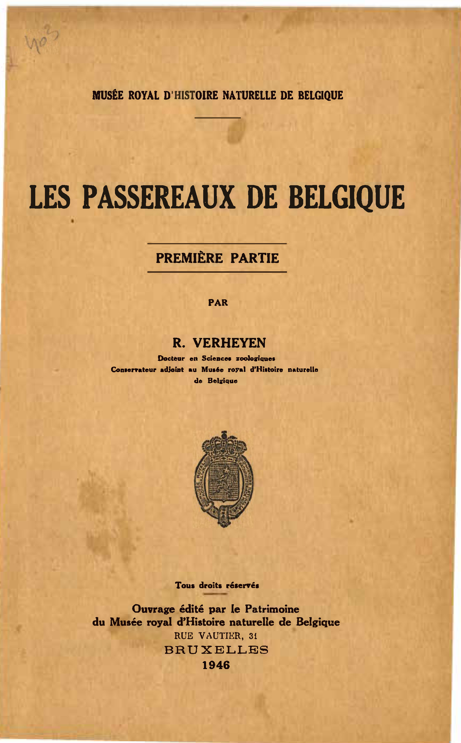 Voorpag Les Passereaux de Belgique Première Partie R. Verheyen 1946.jpg