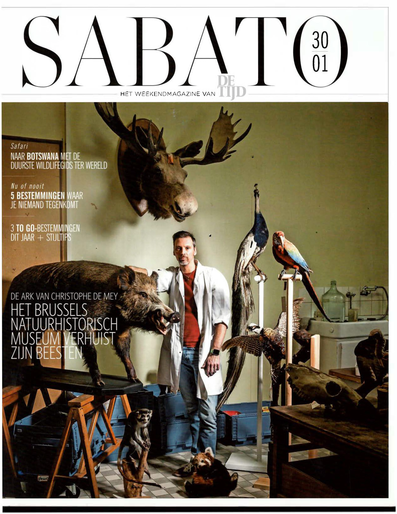 Voorpag Sabato De Tijd De ark van Chrisophe de Mey Het Brussels Natuurhistorisch museum verhuist zijn beesten.jpg