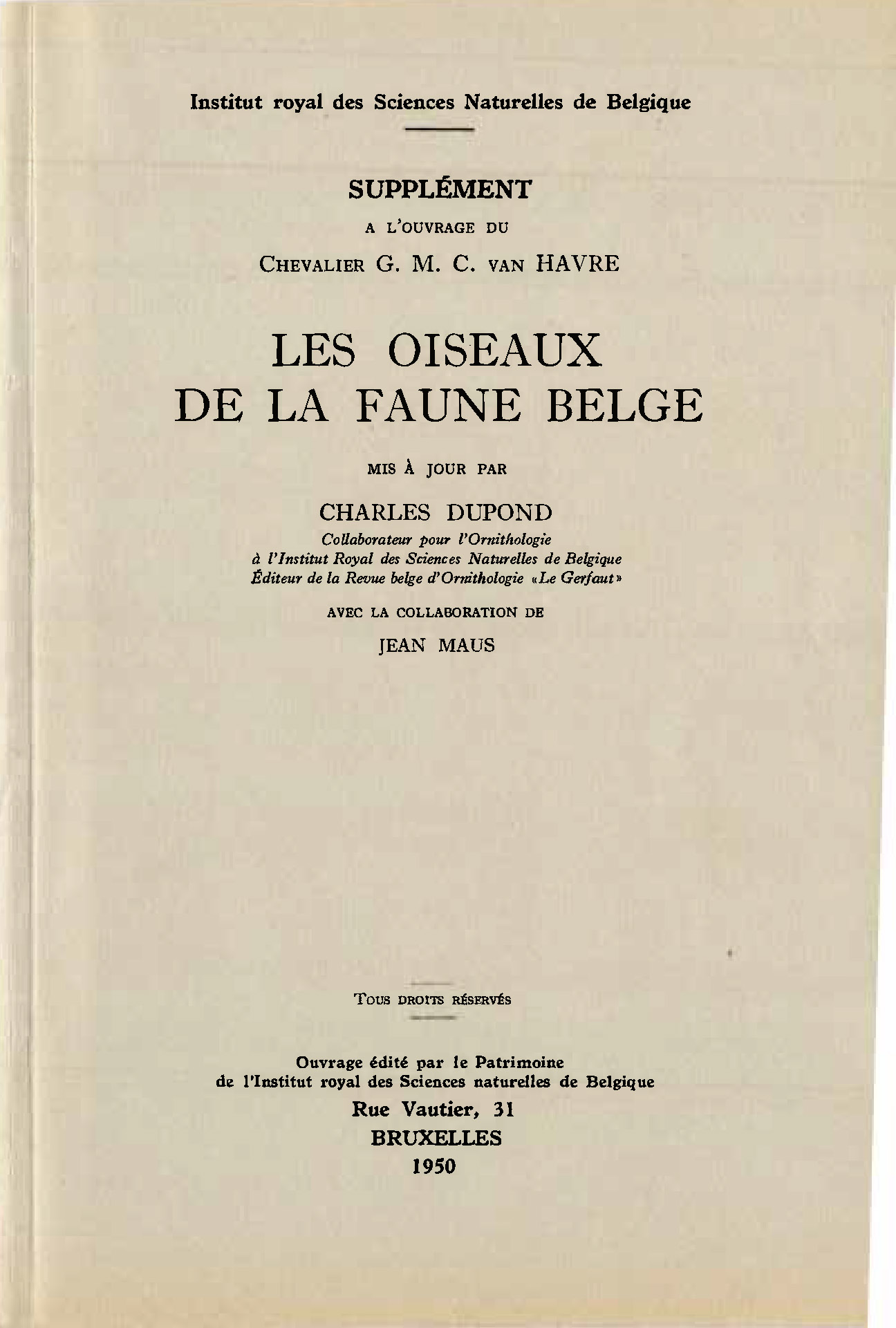 Voorpag Supplément a l'ouvrage du Chevalier G.MC. van Havre Les Oiseaux de la Faune Belge 1950.jpg